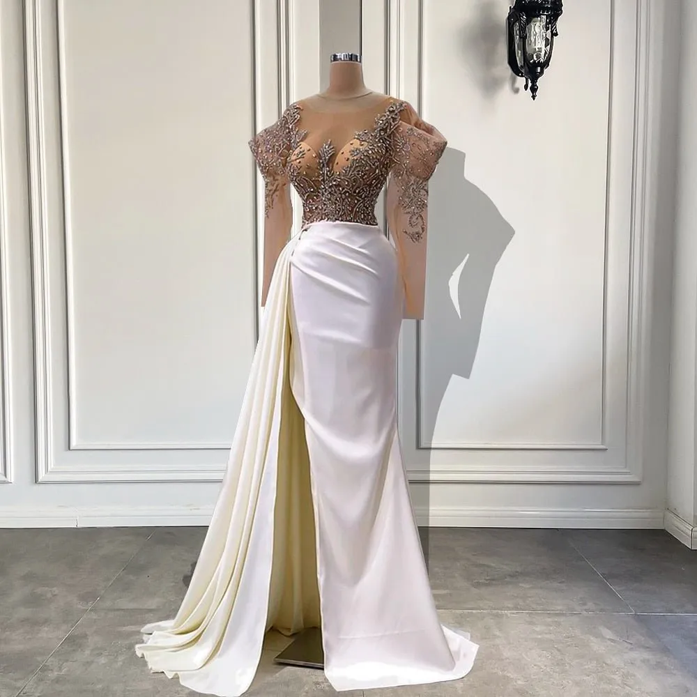 High Slit Sparkly Beaded Crystals White Satin Women Evening Dresses