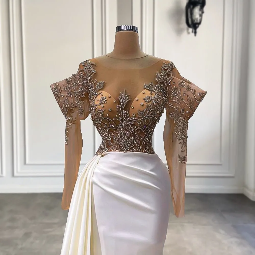 High Slit Sparkly Beaded Crystals White Satin Women Evening Dresses