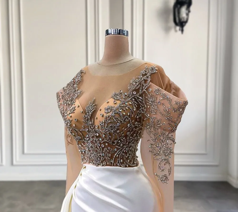 High Slit Sparkly Beaded Crystals White Satin Women Evening Dresses