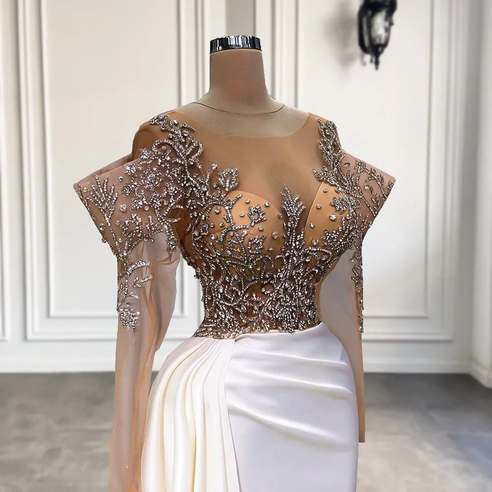 High Slit Sparkly Beaded Crystals White Satin Women Evening Dresses