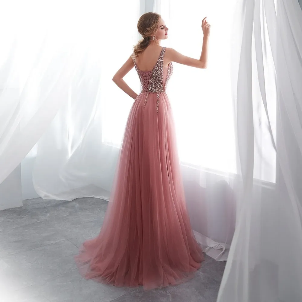 High Split Tulle Sweep Train Sleeveless Gown