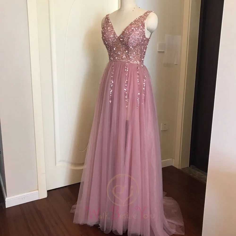 High Split Tulle Sweep Train Sleeveless Gown