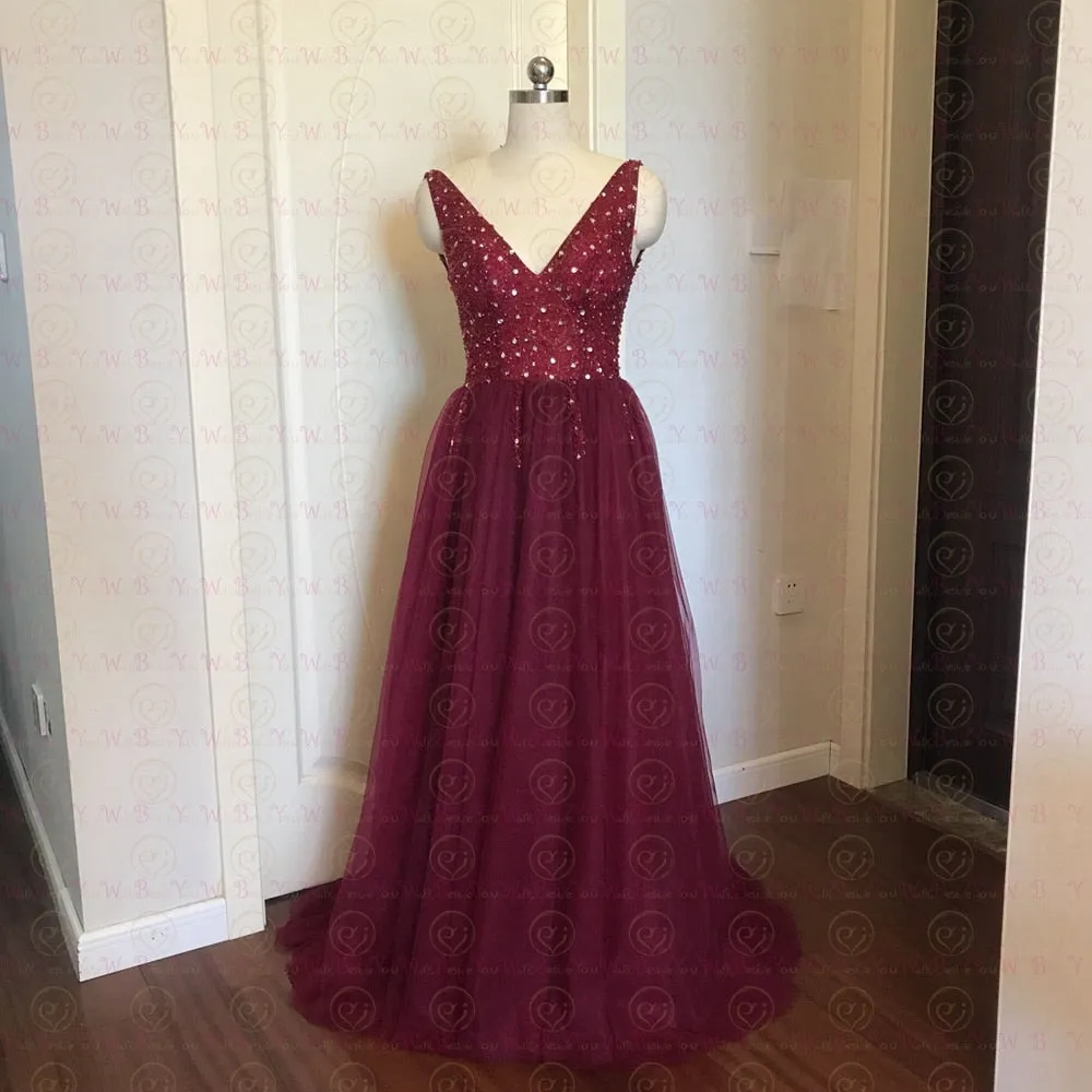 High Split Tulle Sweep Train Sleeveless Gown