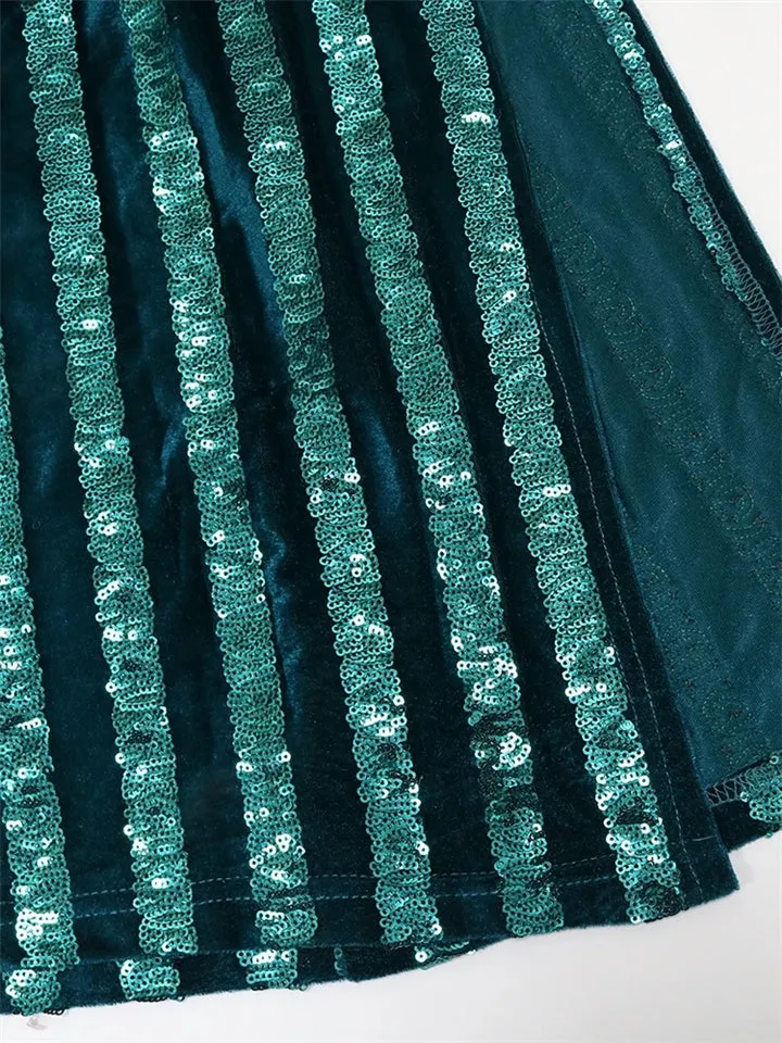 High Waist Slit Puff Sleeve Sequined Evening Dresses