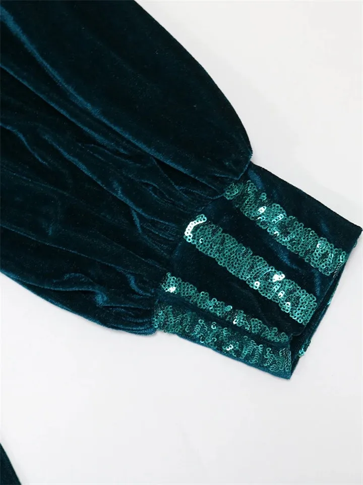 High Waist Slit Puff Sleeve Sequined Evening Dresses