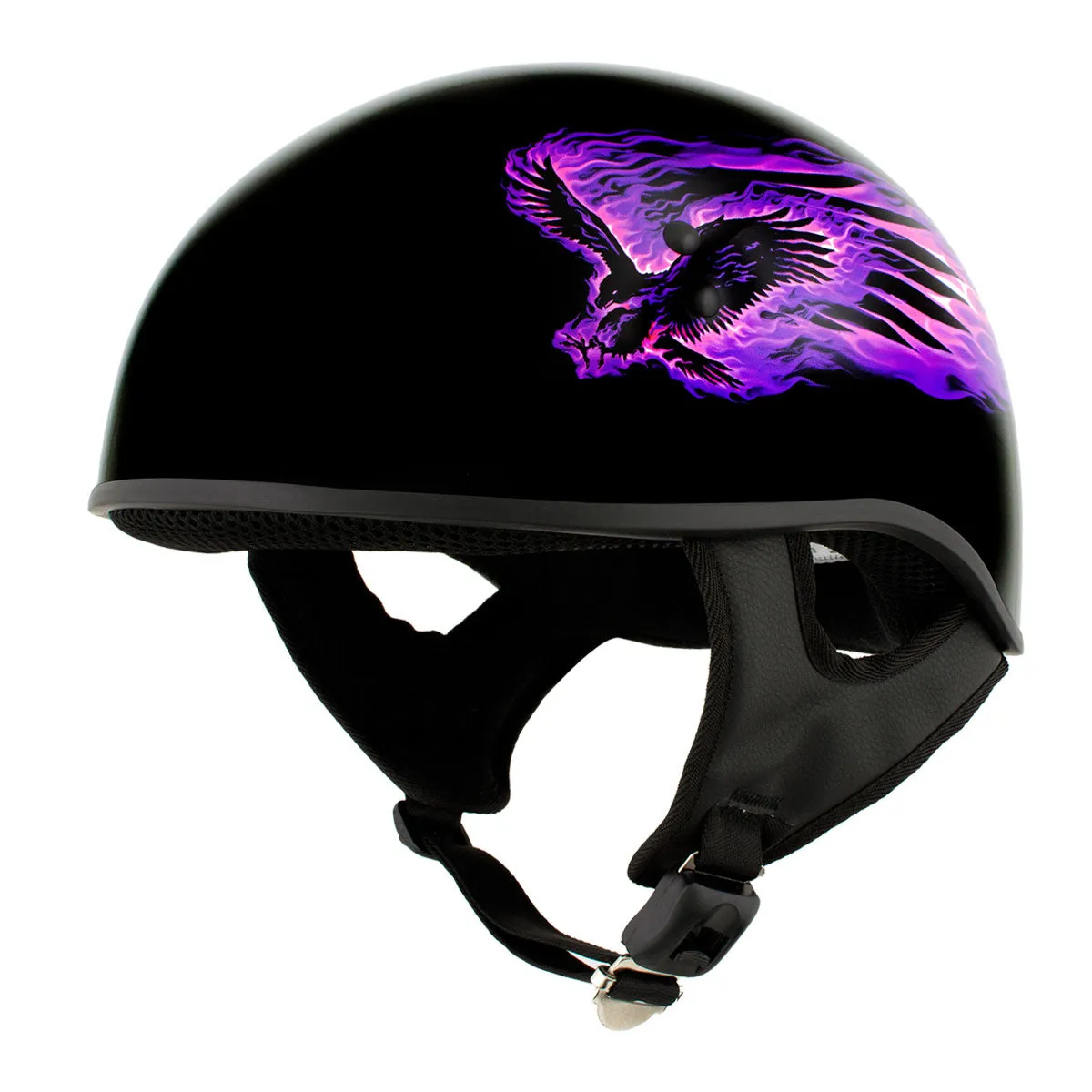 HLD1007 'Black Out Eagle' Gloss Black Motorcycle DOT Skull Cap Half Helmet for Men and Women Biker