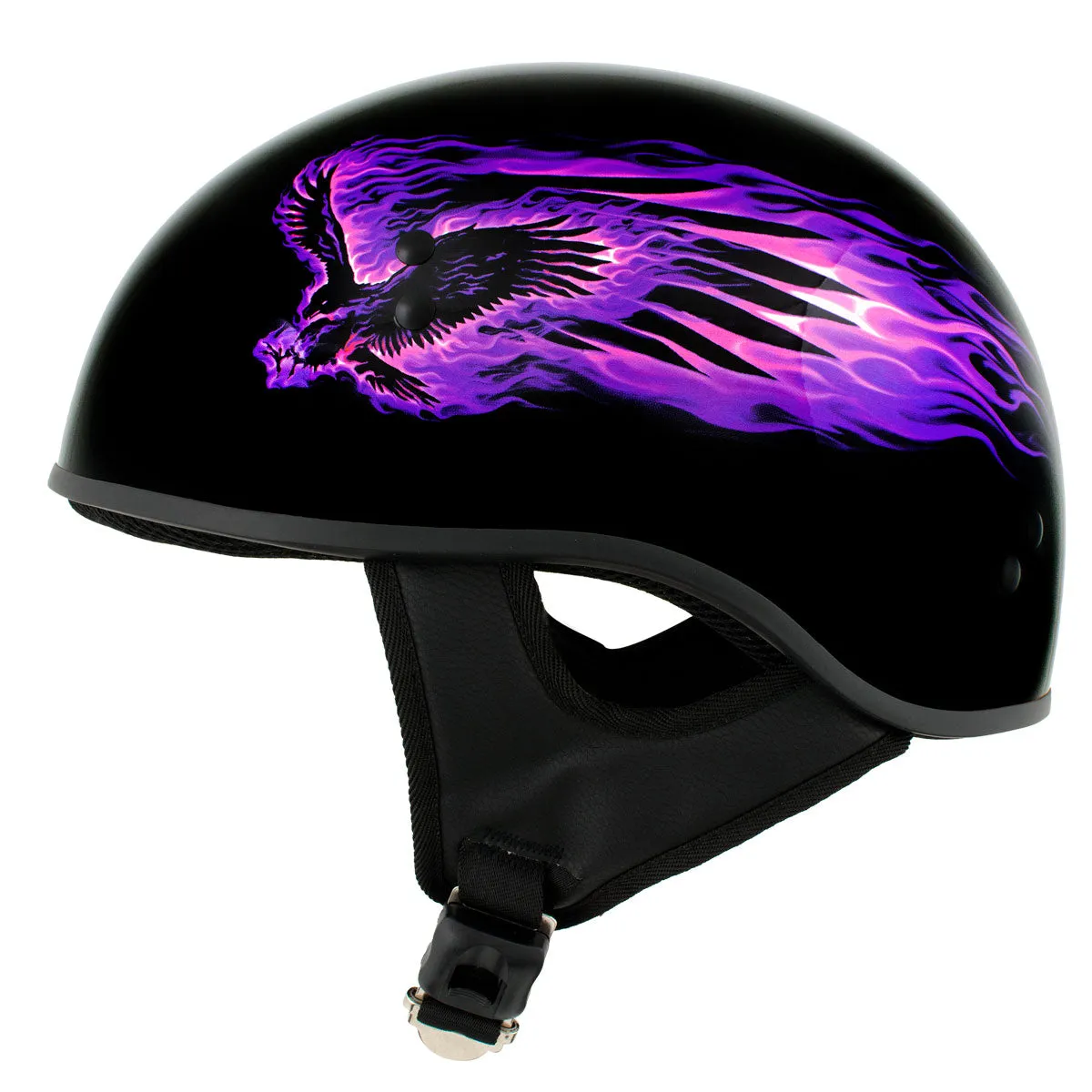 HLD1007 'Black Out Eagle' Gloss Black Motorcycle DOT Skull Cap Half Helmet for Men and Women Biker