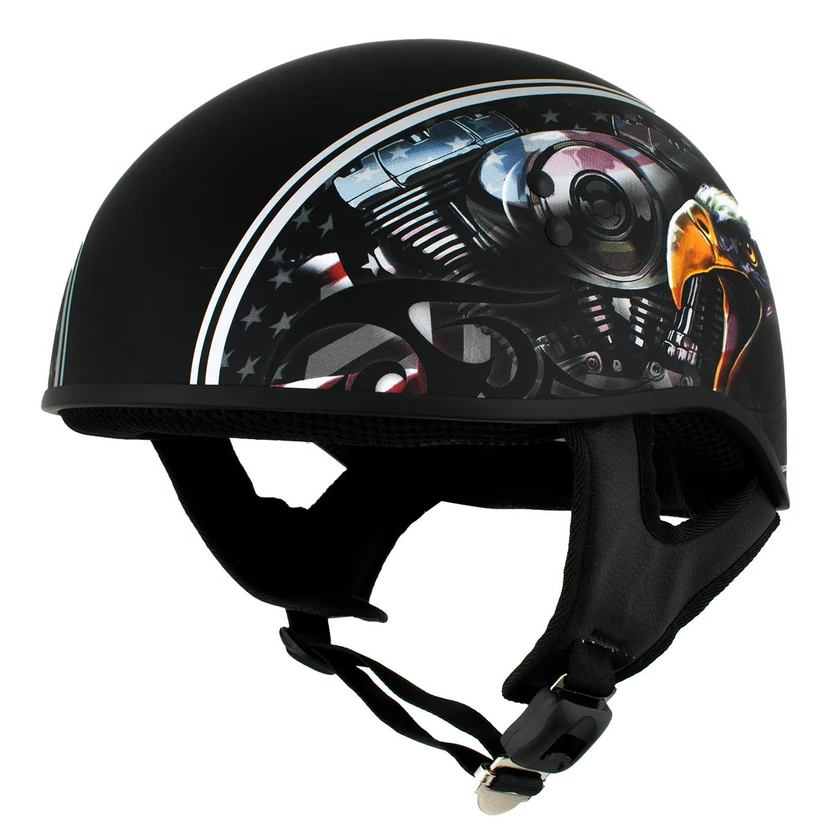 HLD1023 'V-Twin Eagle' Flat Black Motorcycle DOT Skull Cap Half Helmet for Men and Women Biker