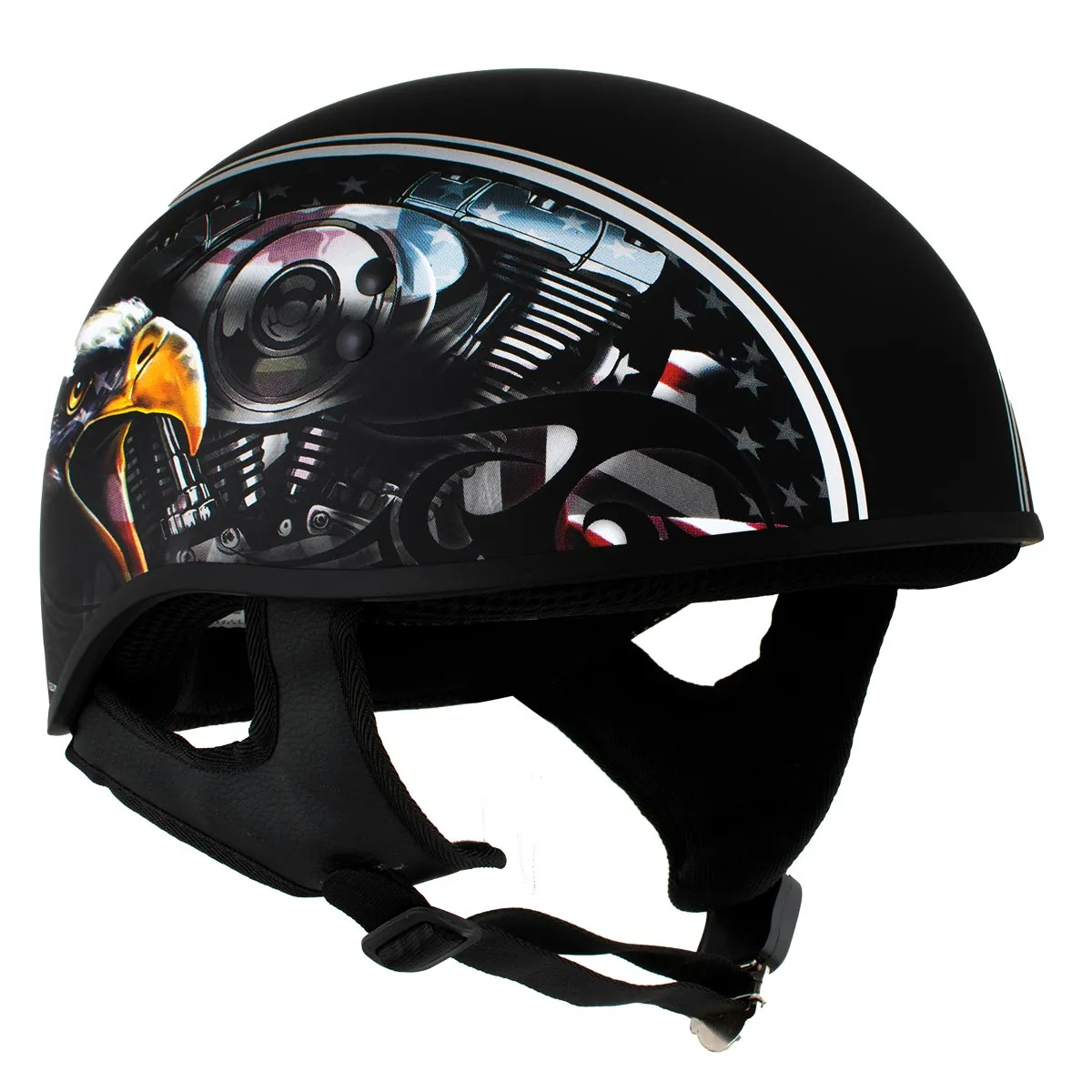 HLD1023 'V-Twin Eagle' Flat Black Motorcycle DOT Skull Cap Half Helmet for Men and Women Biker
