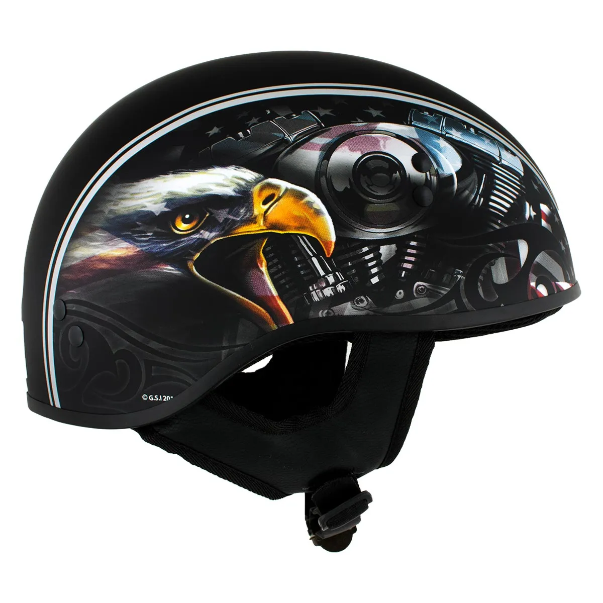 HLD1023 'V-Twin Eagle' Flat Black Motorcycle DOT Skull Cap Half Helmet for Men and Women Biker