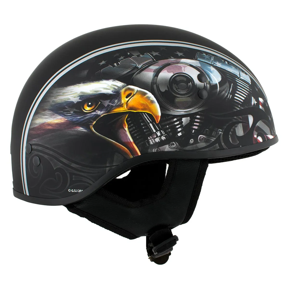 HLD1023 'V-Twin Eagle' Flat Black Motorcycle DOT Skull Cap Half Helmet for Men and Women Biker