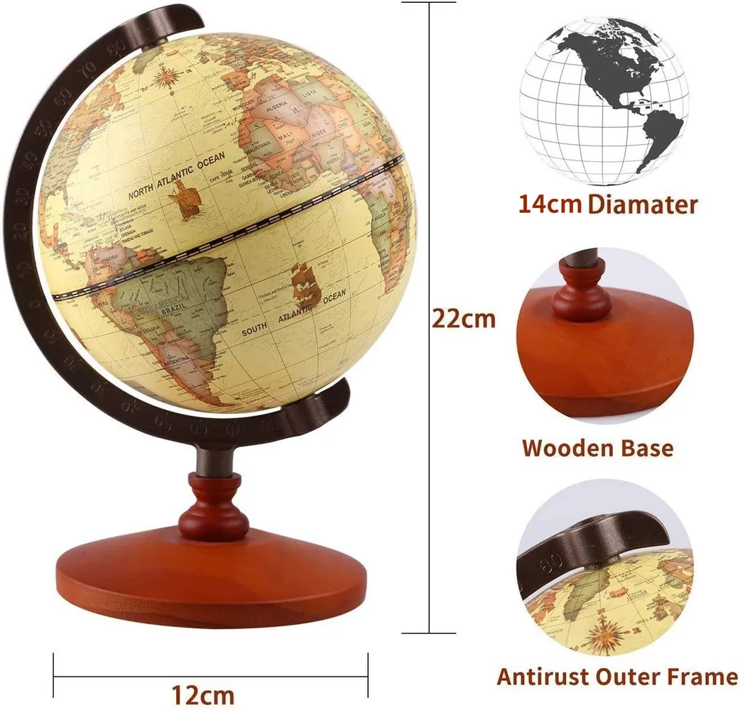 Homlly Wooden Base Retro World Globe (14cm Dia)