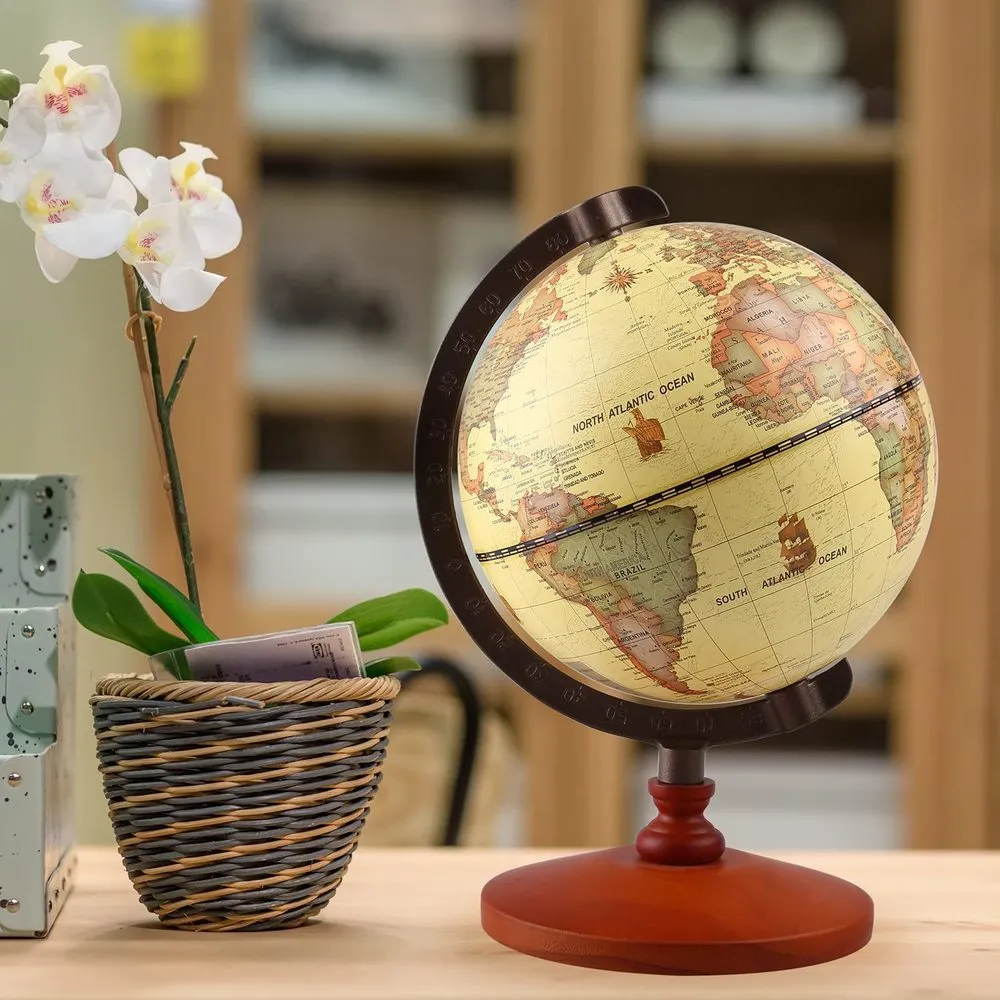 Homlly Wooden Base Retro World Globe (14cm Dia)