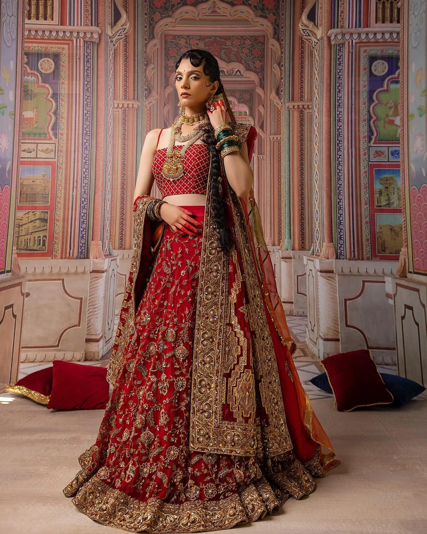 Indian Bridal Lehenga Choli and Dupatta Dress in Red