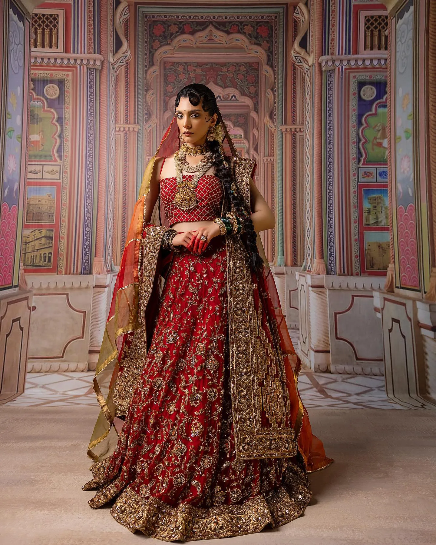 Indian Bridal Lehenga Choli and Dupatta Dress in Red