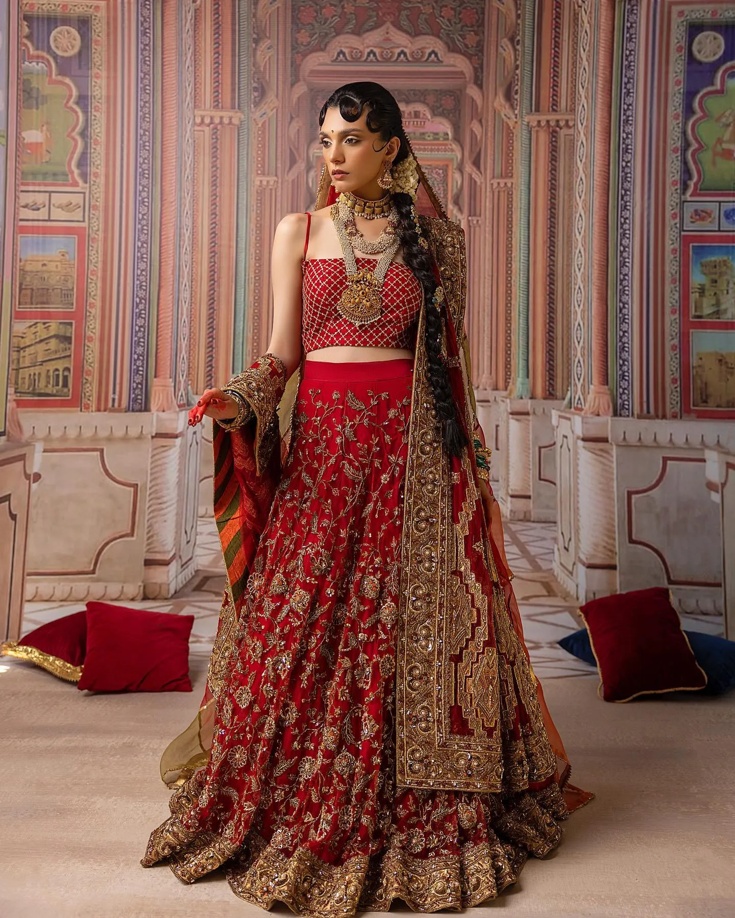 Indian Bridal Lehenga Choli and Dupatta Dress in Red