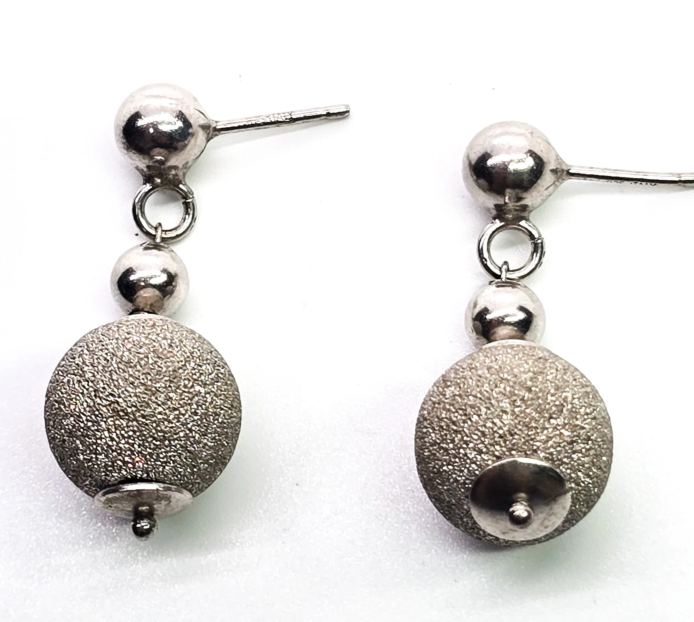 Italian silver ornament satin stardust sparkling bead sterling silver drop post earrings