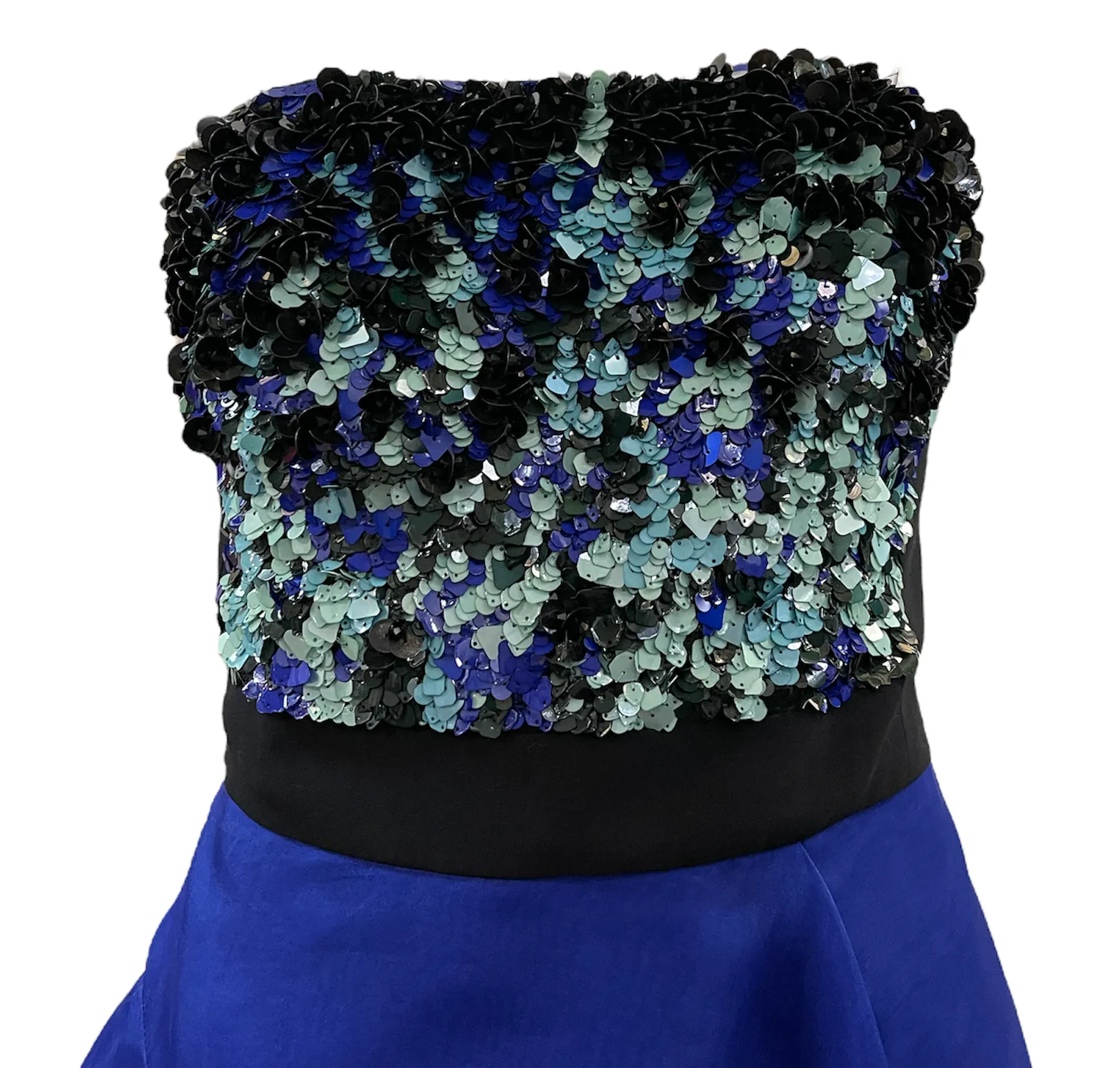J Mendel Contemporary Blue Organza Strapless Gown with Sequin Top