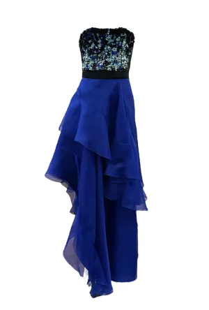 J Mendel Contemporary Blue Organza Strapless Gown with Sequin Top
