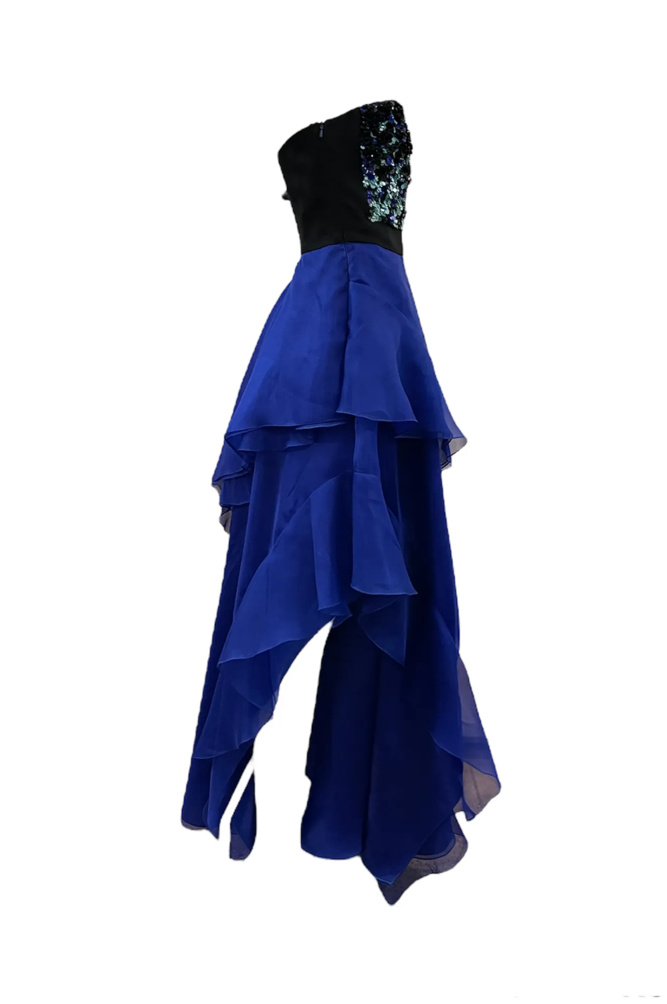 J Mendel Contemporary Blue Organza Strapless Gown with Sequin Top