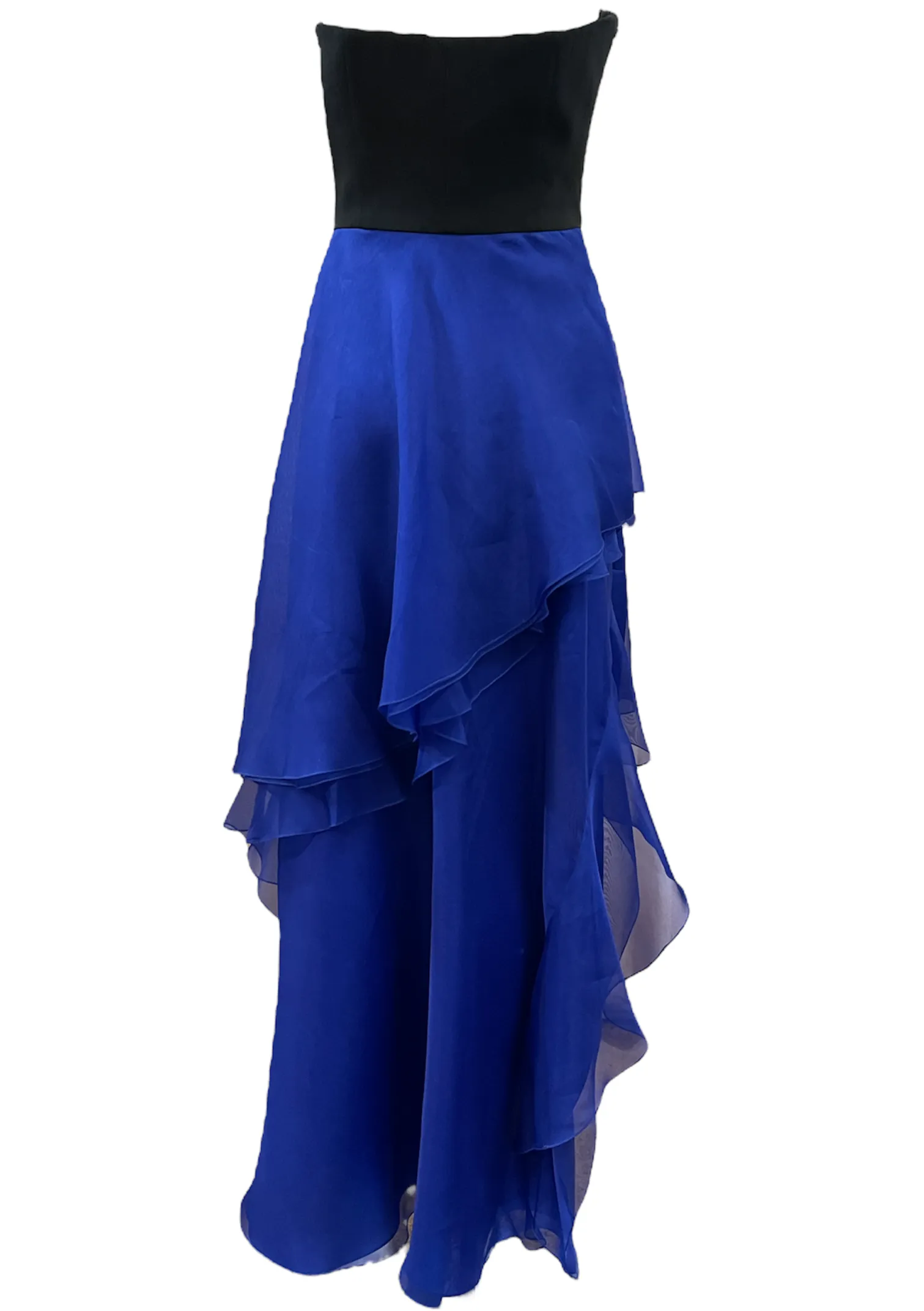 J Mendel Contemporary Blue Organza Strapless Gown with Sequin Top