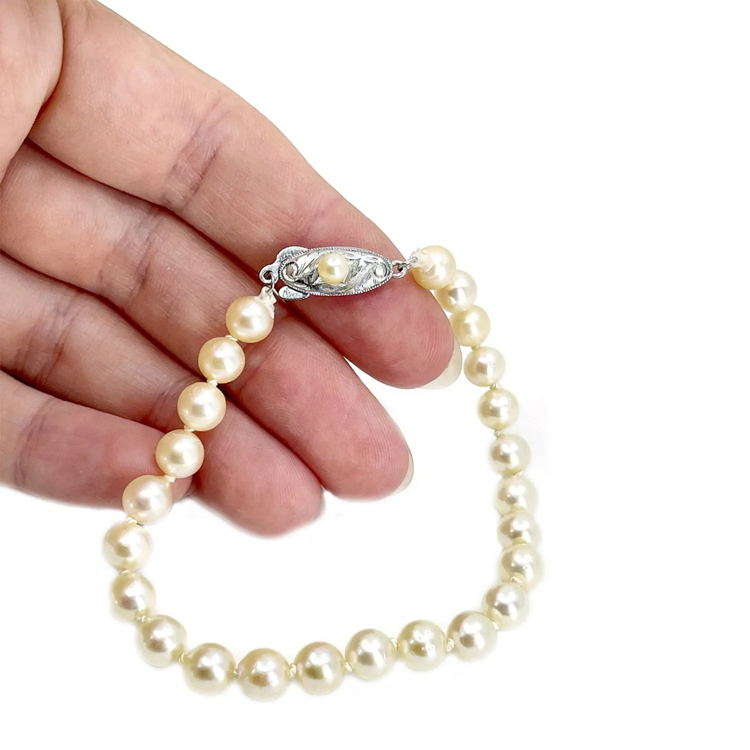 Japanese Deco Engraved Saltwater Akoya Cultured Pearl Bracelet- Sterling Silver