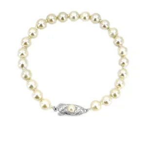 Japanese Deco Engraved Saltwater Akoya Cultured Pearl Bracelet- Sterling Silver