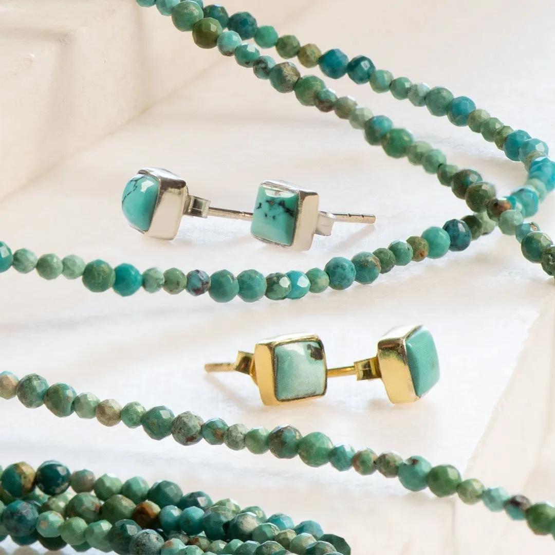 Keepsake -  Square Cut Turquoise Stone and 14K Gold on Sterling Silver Stud Earring