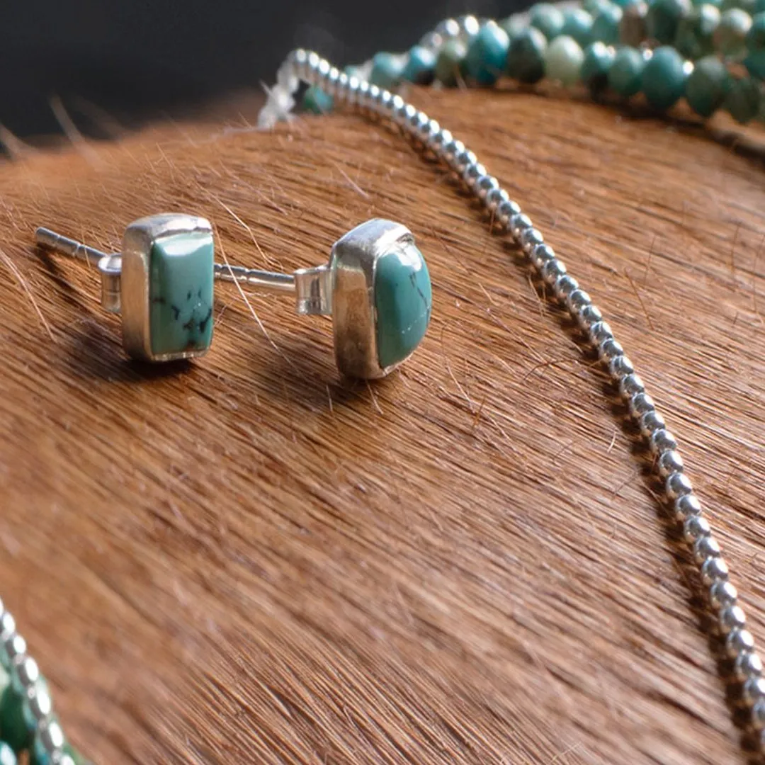 Keepsake -  Square Cut Turquoise Stone and 14K Gold on Sterling Silver Stud Earring