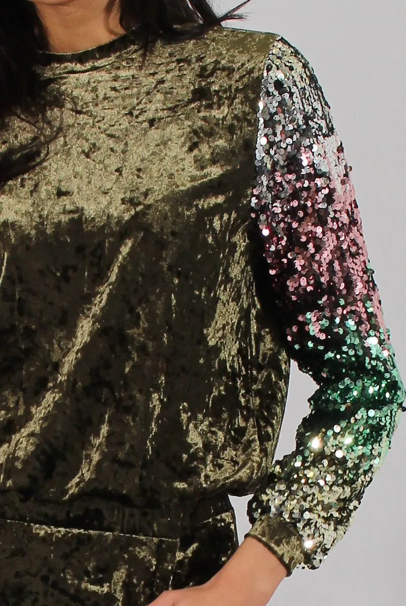 Khaki Crushed Velvet Sequined Tracksuit - Rosita