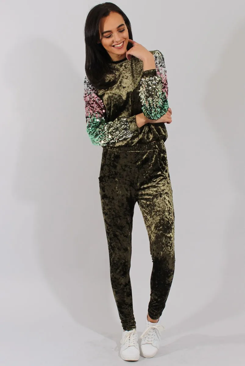 Khaki Crushed Velvet Sequined Tracksuit - Rosita