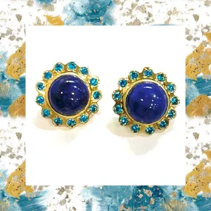 Lapis Lazuli and Peacock Blue Zircon Gold Stud Earrings 1”