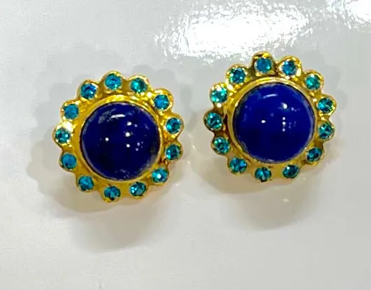 Lapis Lazuli and Peacock Blue Zircon Gold Stud Earrings 1”