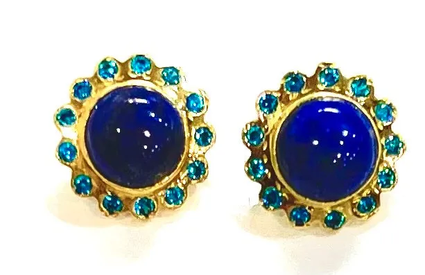 Lapis Lazuli and Peacock Blue Zircon Gold Stud Earrings 1”