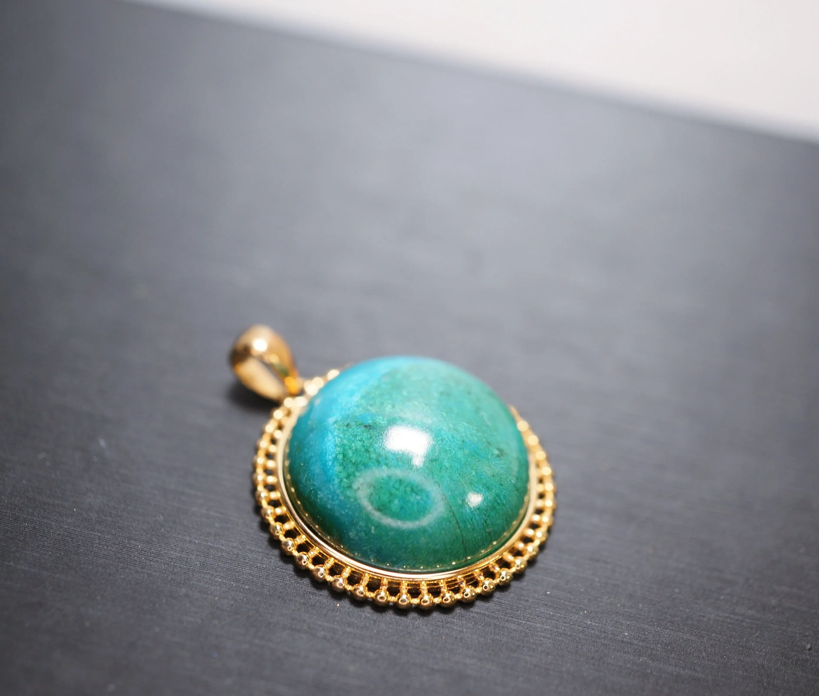 Large Genuine Turquoise Pendant - Gold Coated Sterling Silver Round Natural Green Turquoise Pendant