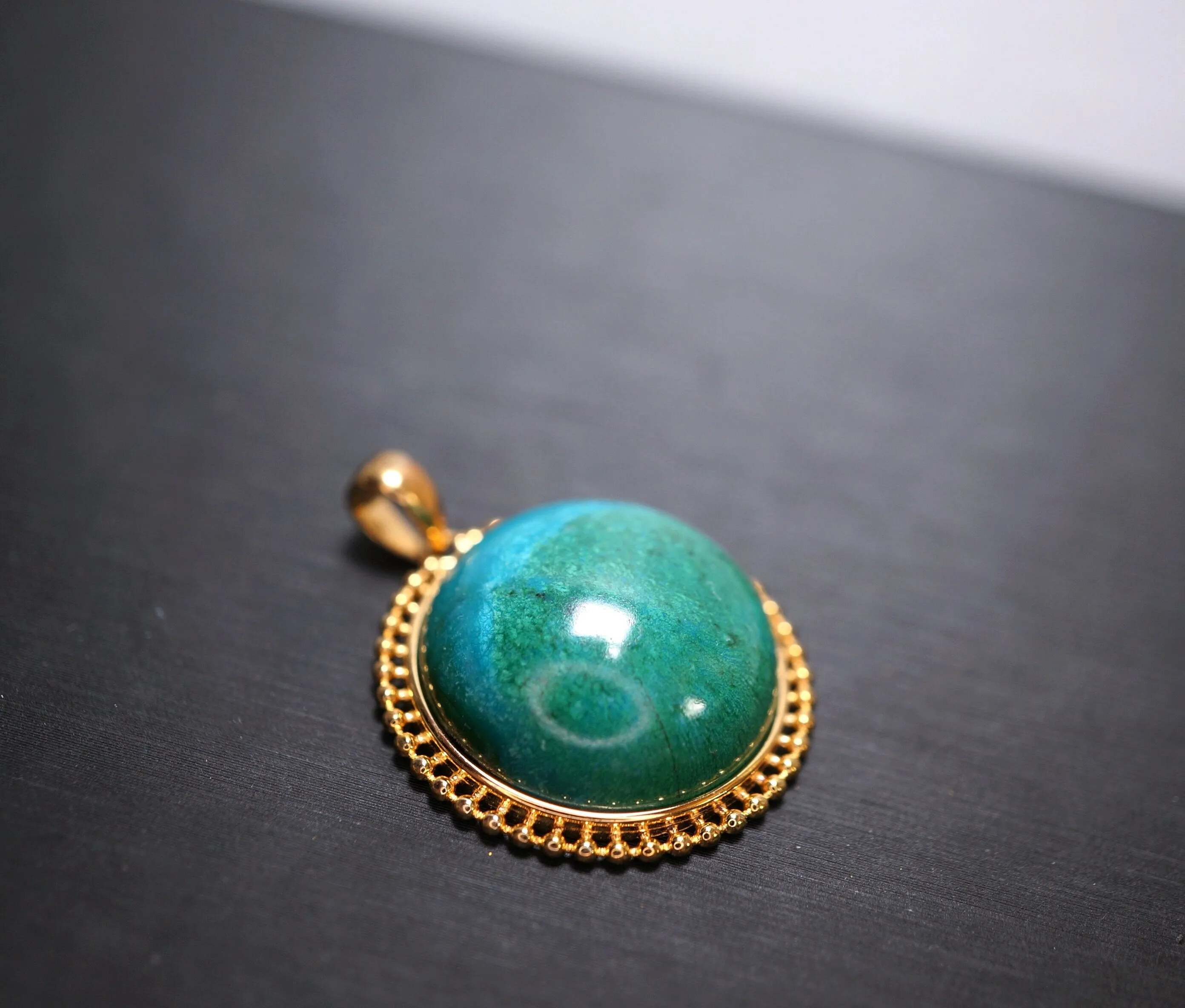 Large Genuine Turquoise Pendant - Gold Coated Sterling Silver Round Natural Green Turquoise Pendant