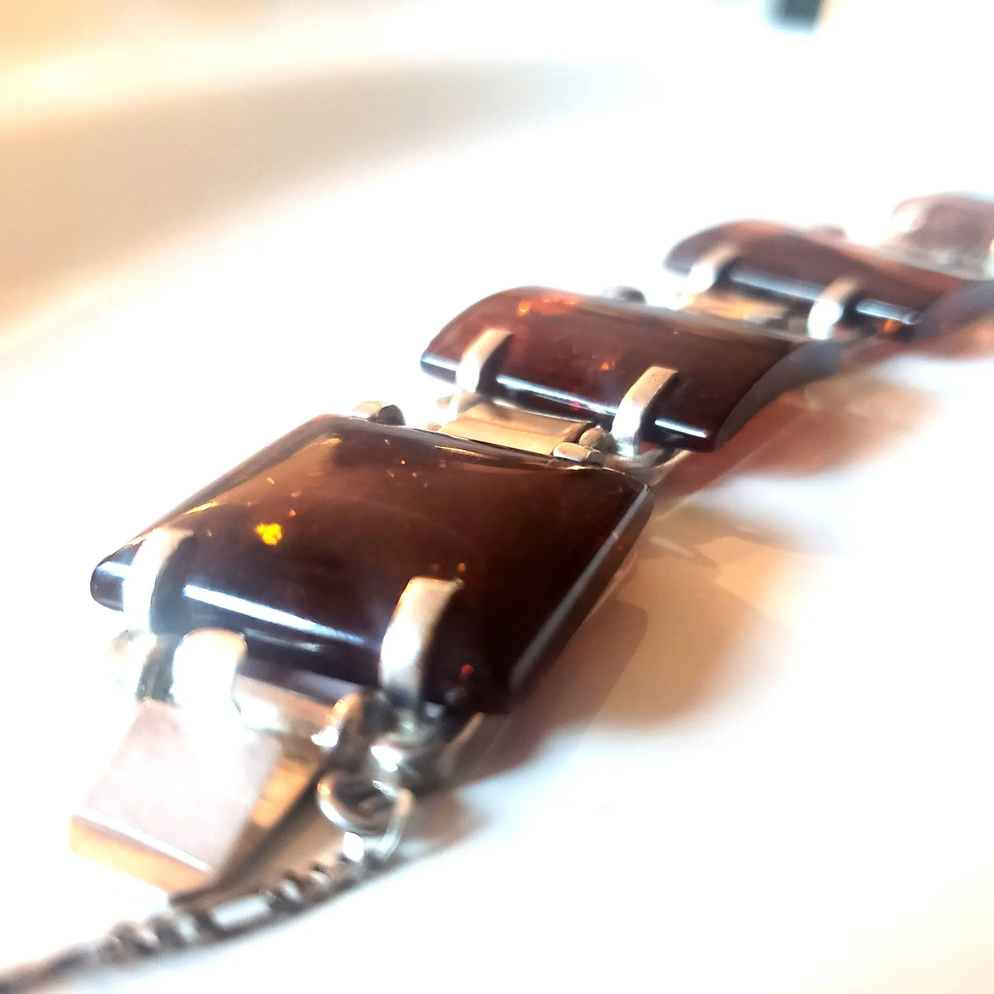 Large Square Cognac Amber Bracelet in Silver