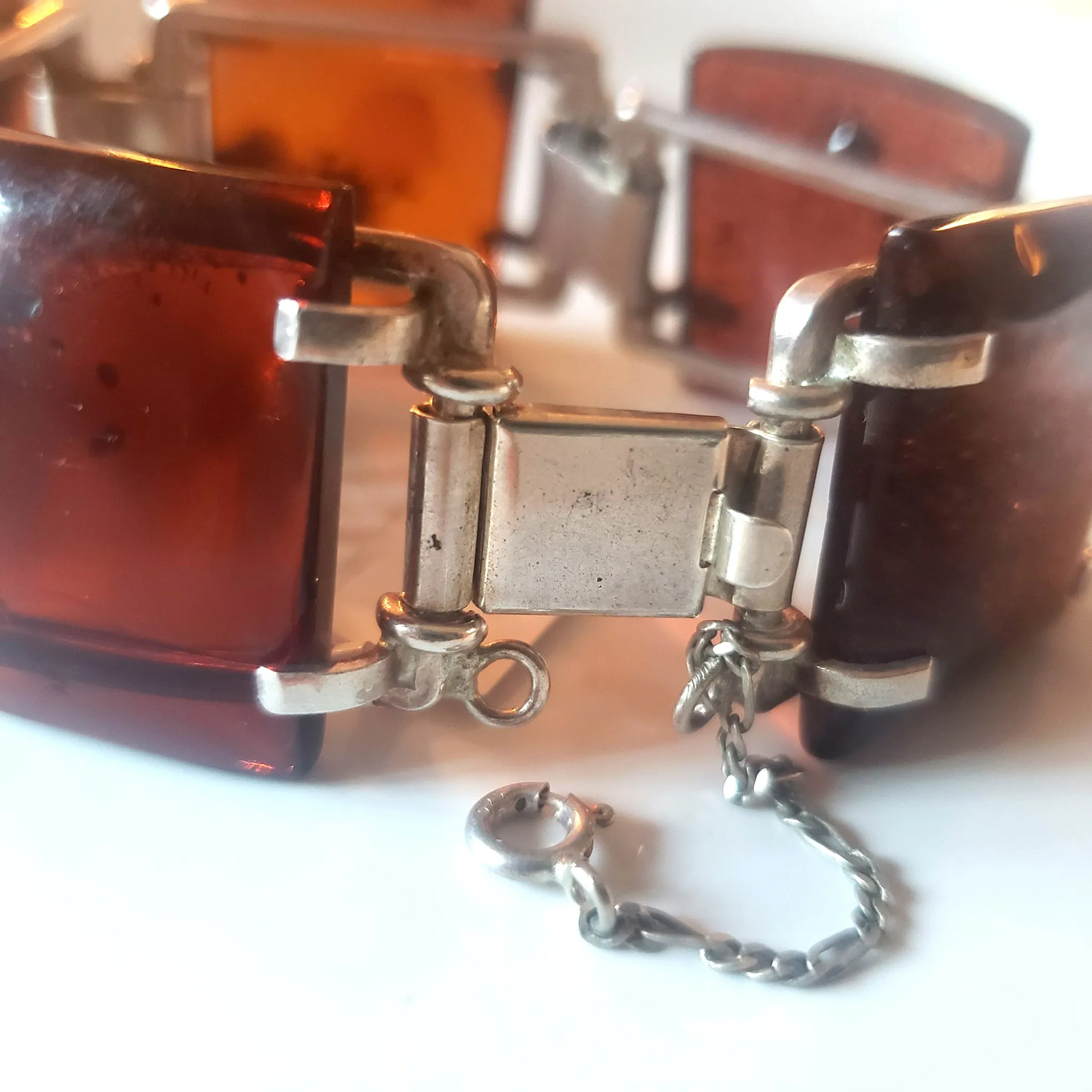 Large Square Cognac Amber Bracelet in Silver