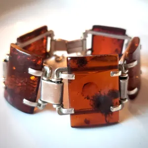 Large Square Cognac Amber Bracelet in Silver