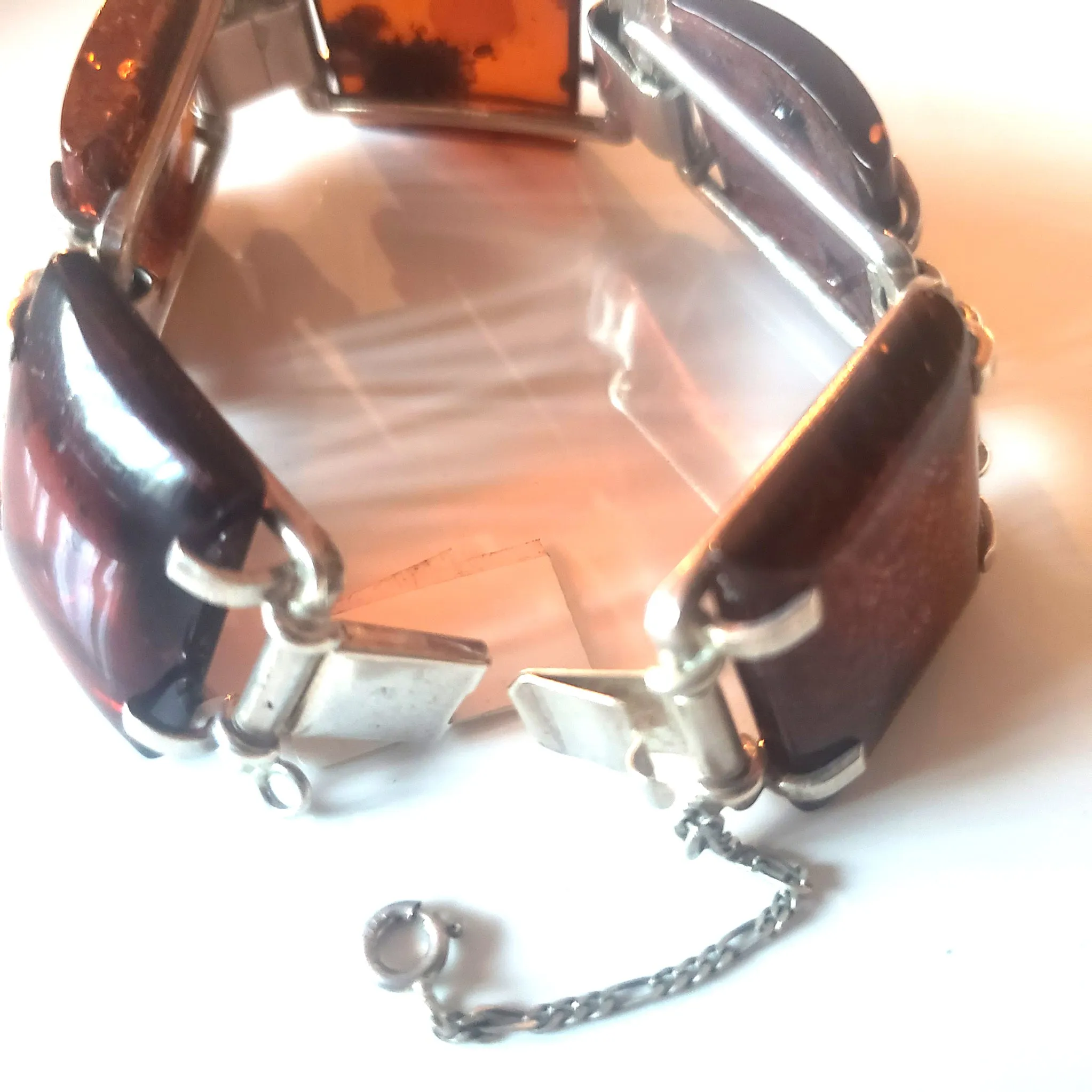 Large Square Cognac Amber Bracelet in Silver