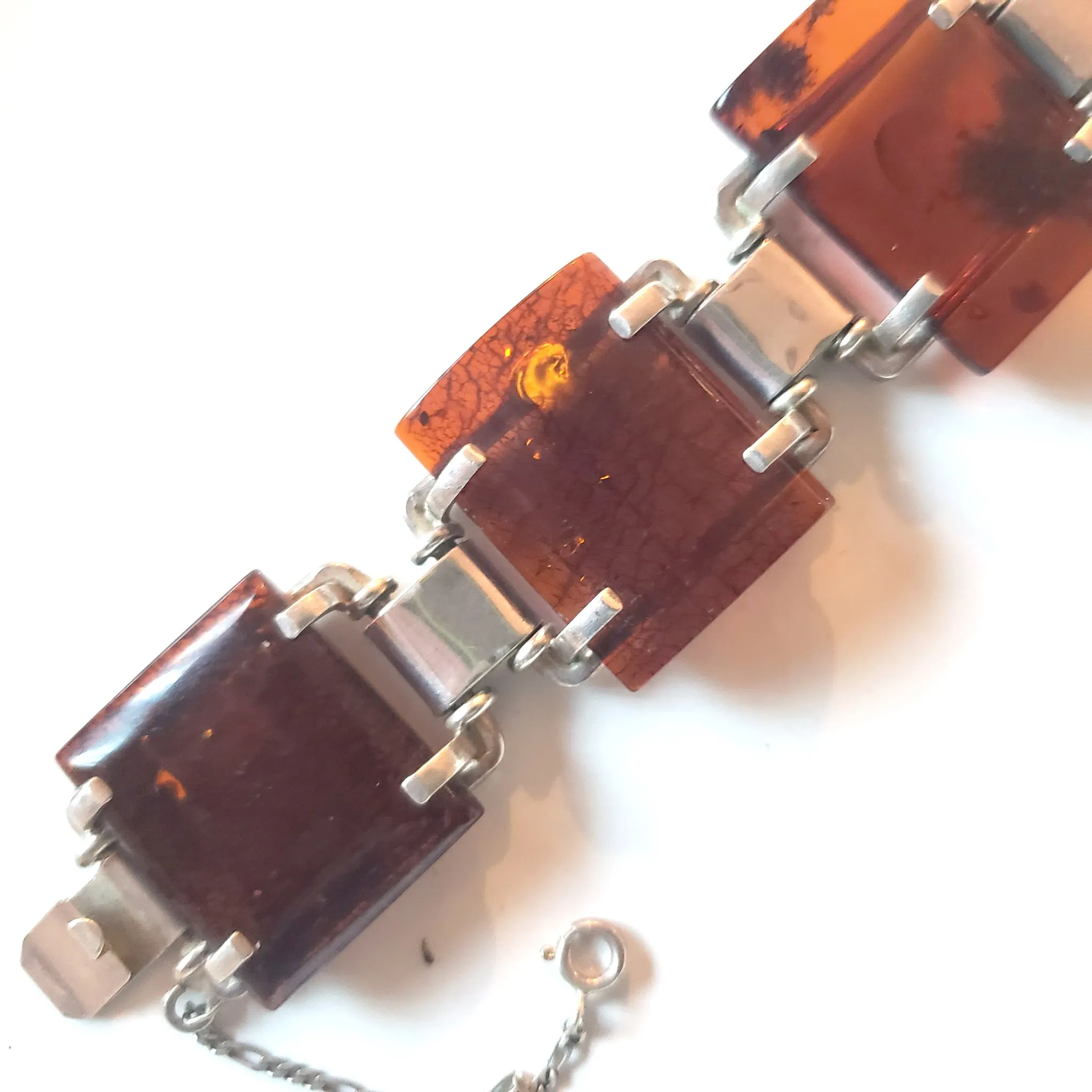 Large Square Cognac Amber Bracelet in Silver