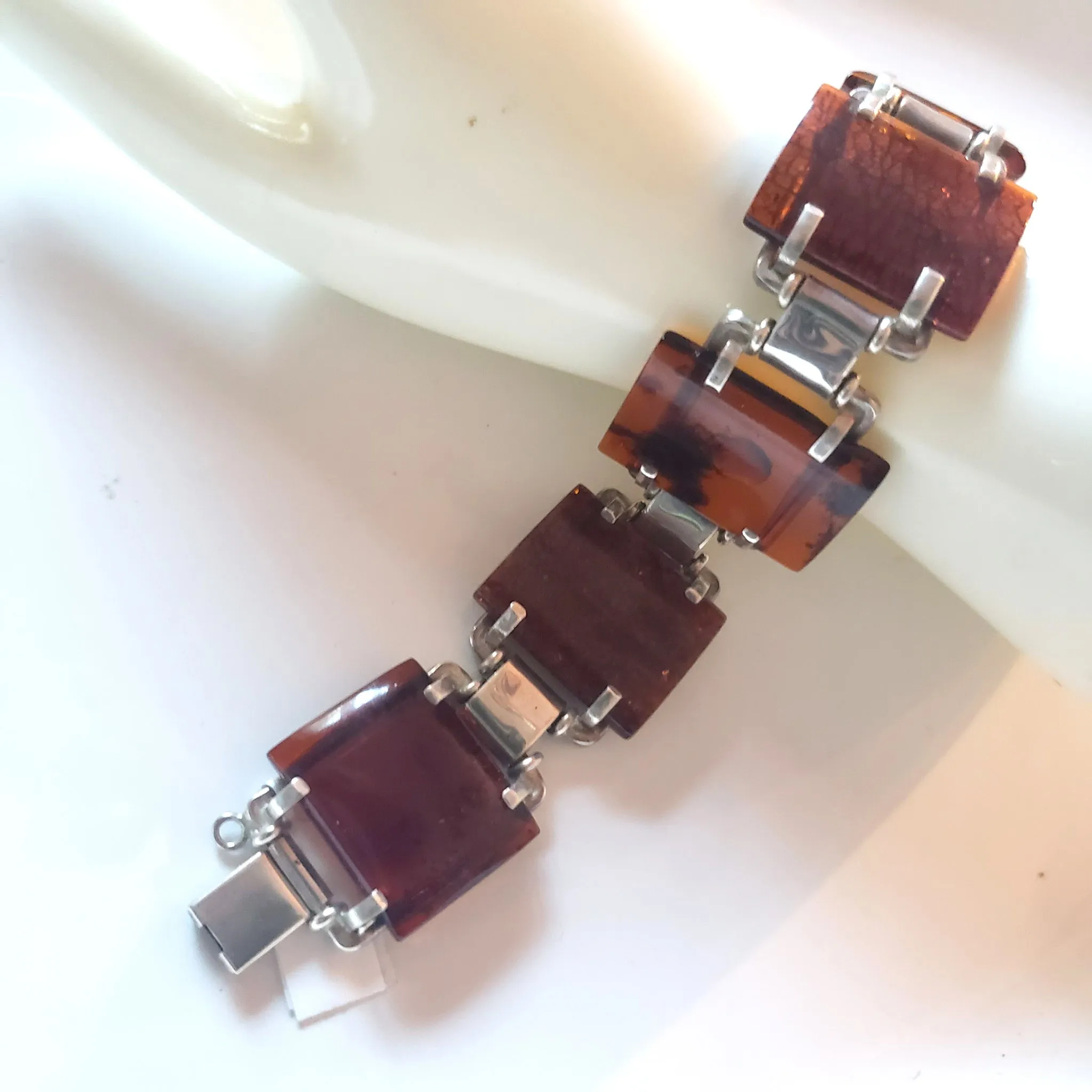 Large Square Cognac Amber Bracelet in Silver