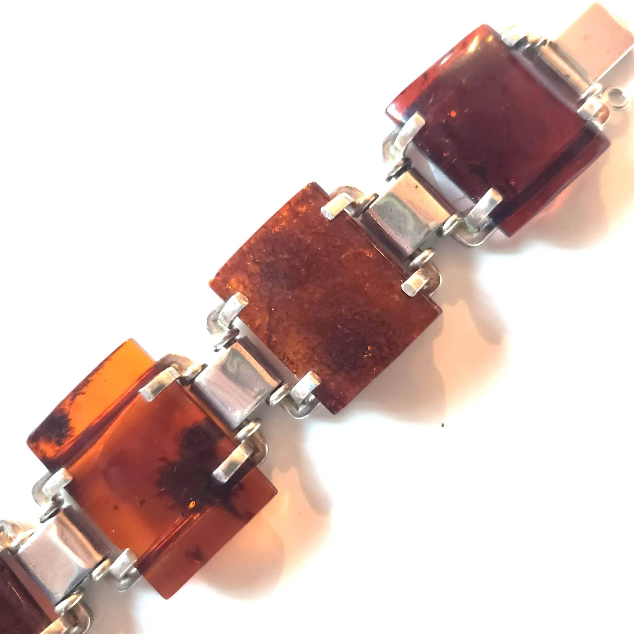 Large Square Cognac Amber Bracelet in Silver