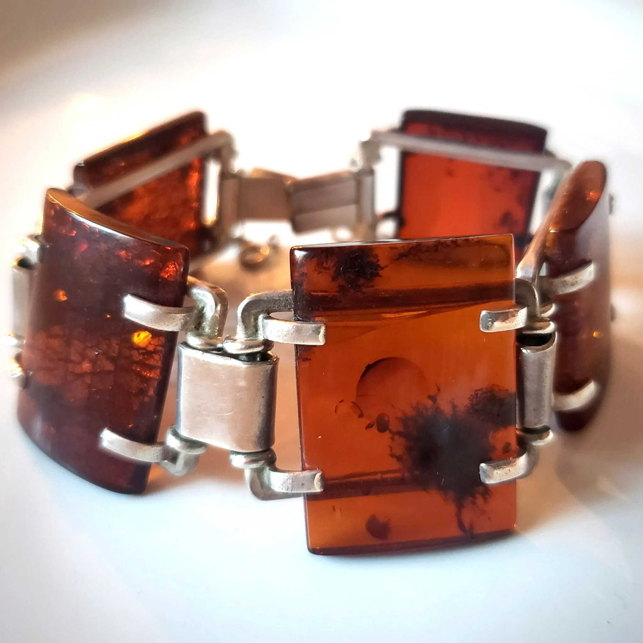Large Square Cognac Amber Bracelet in Silver