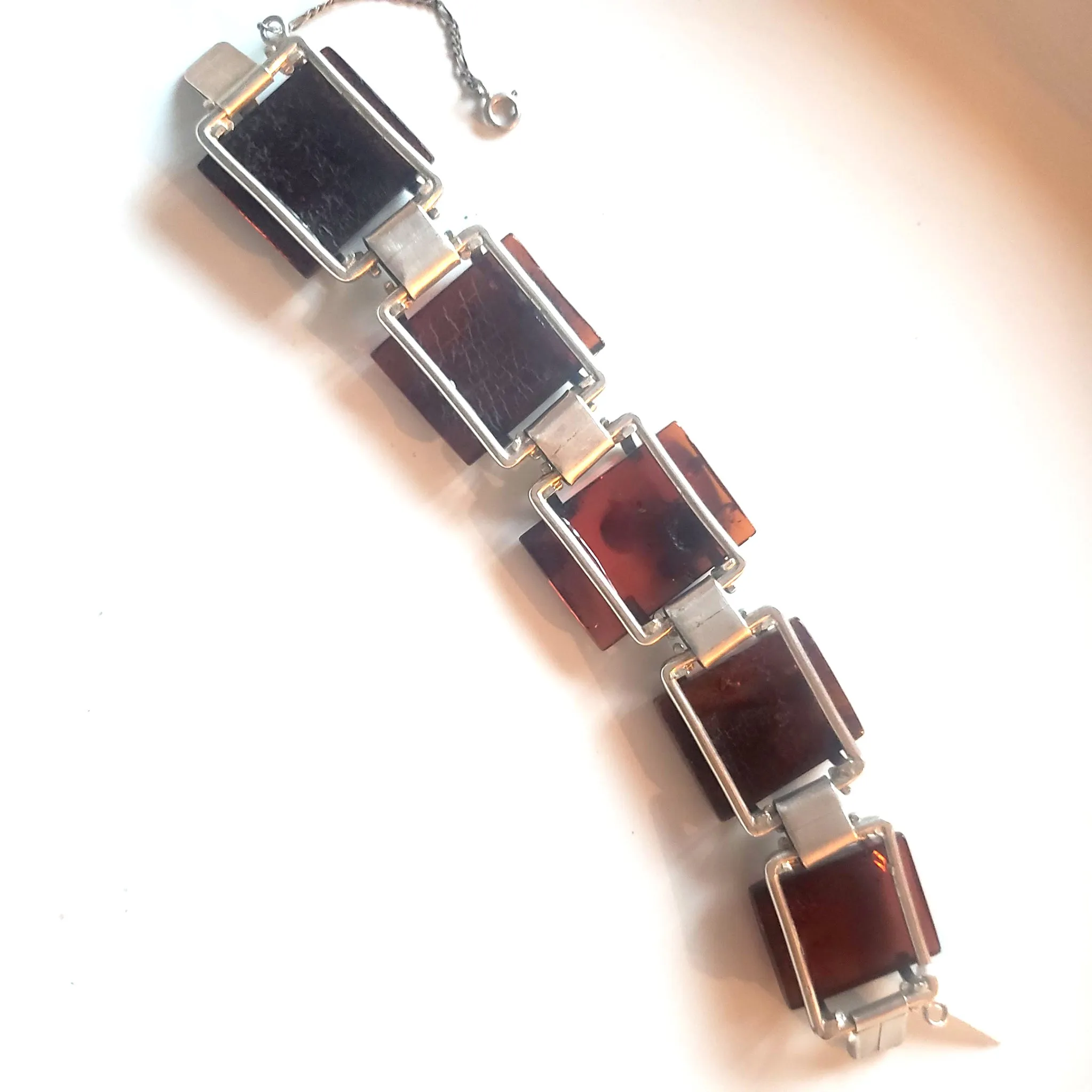 Large Square Cognac Amber Bracelet in Silver