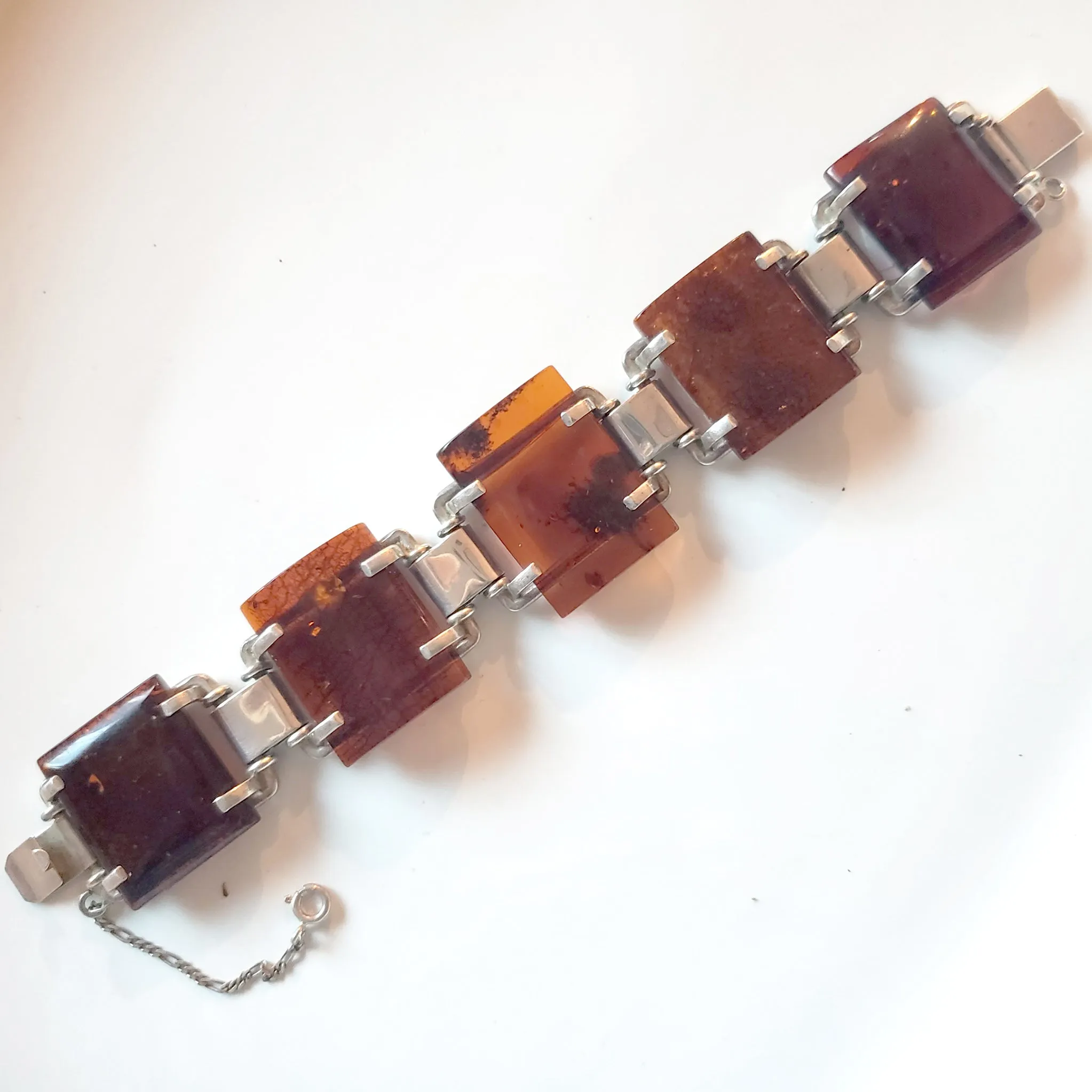 Large Square Cognac Amber Bracelet in Silver