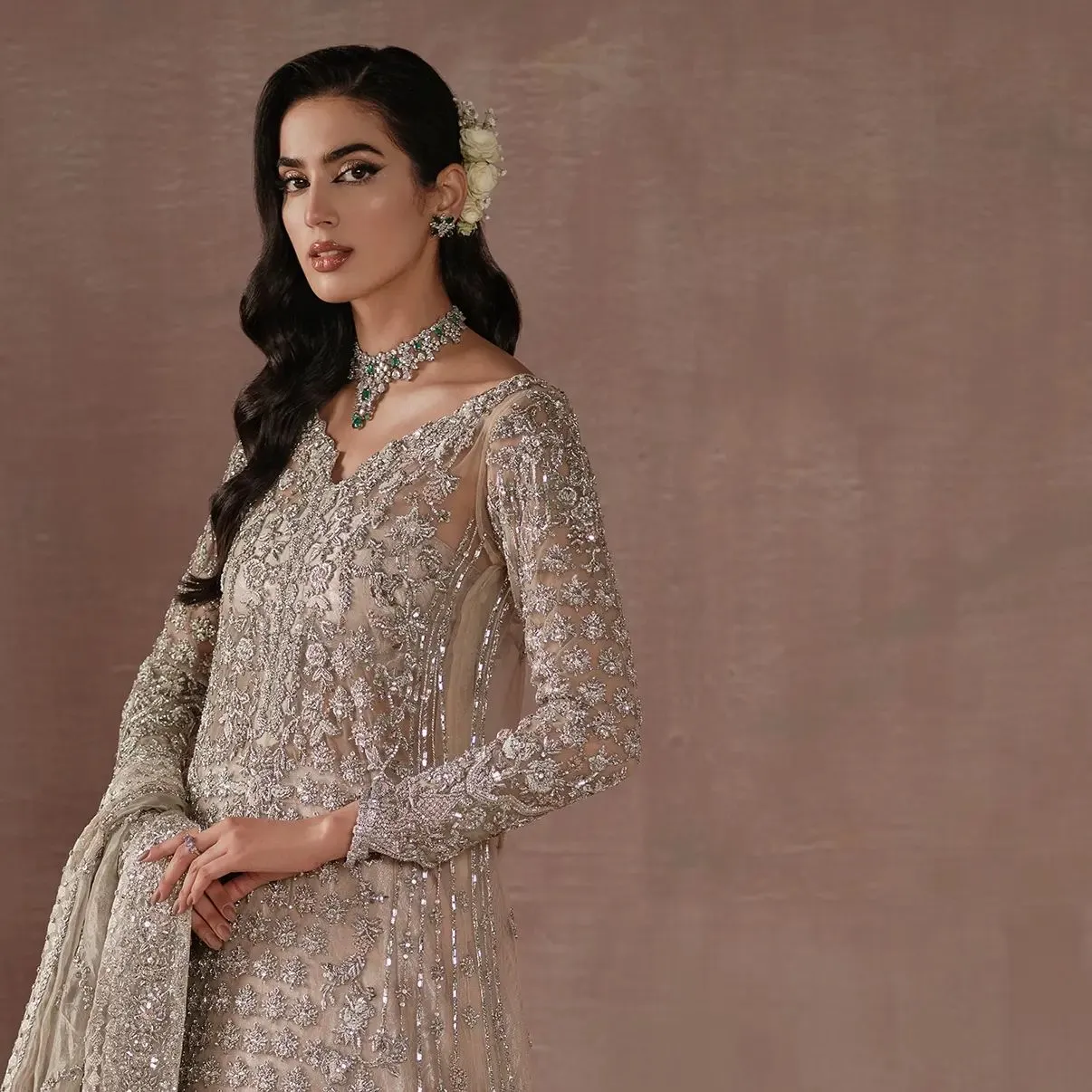 Lehenga Kameez Dupatta Silver Bridal Dress Pakistani