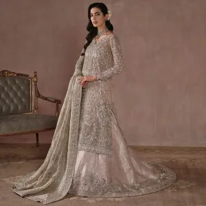 Lehenga Kameez Dupatta Silver Bridal Dress Pakistani