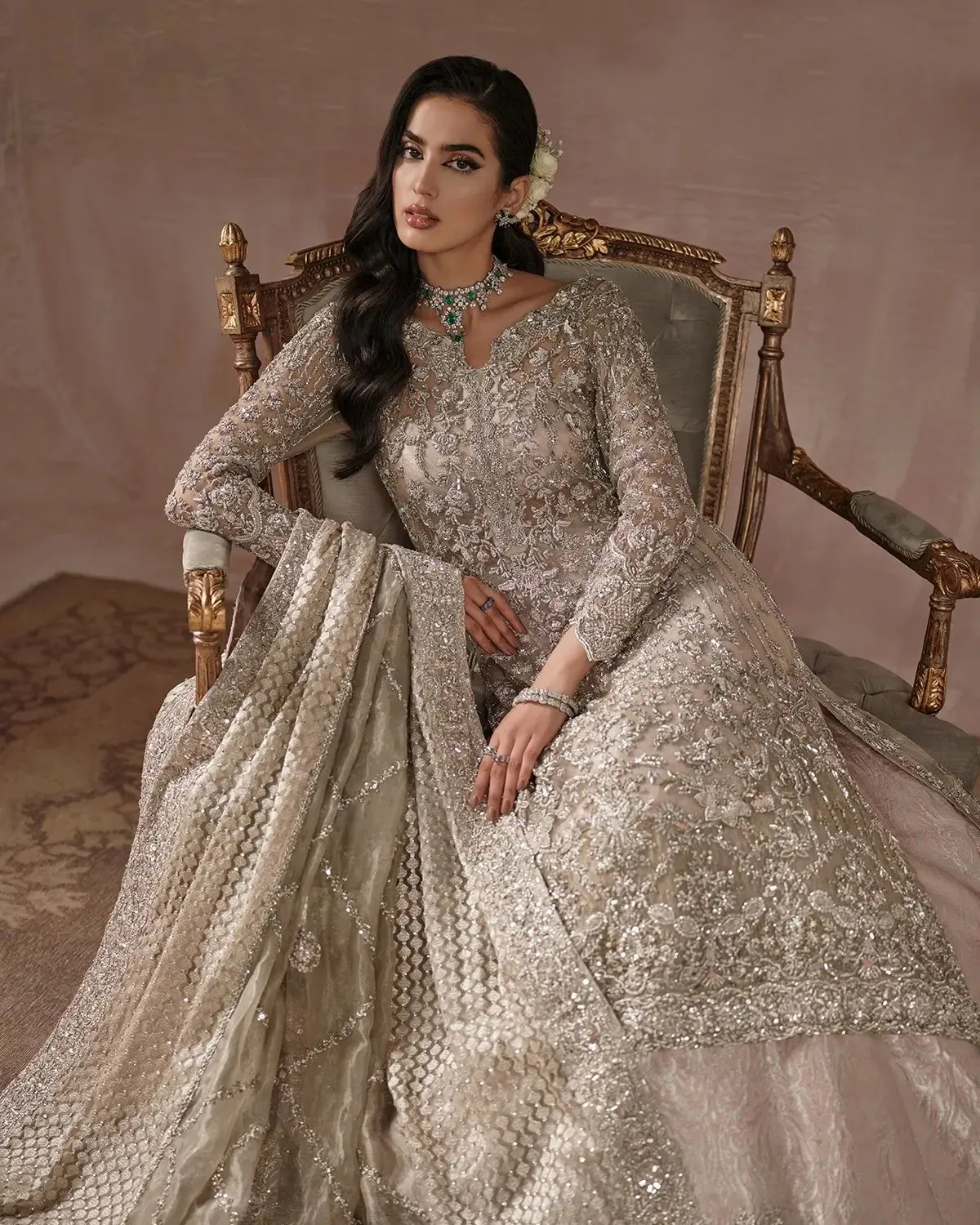 Lehenga Kameez Dupatta Silver Bridal Dress Pakistani