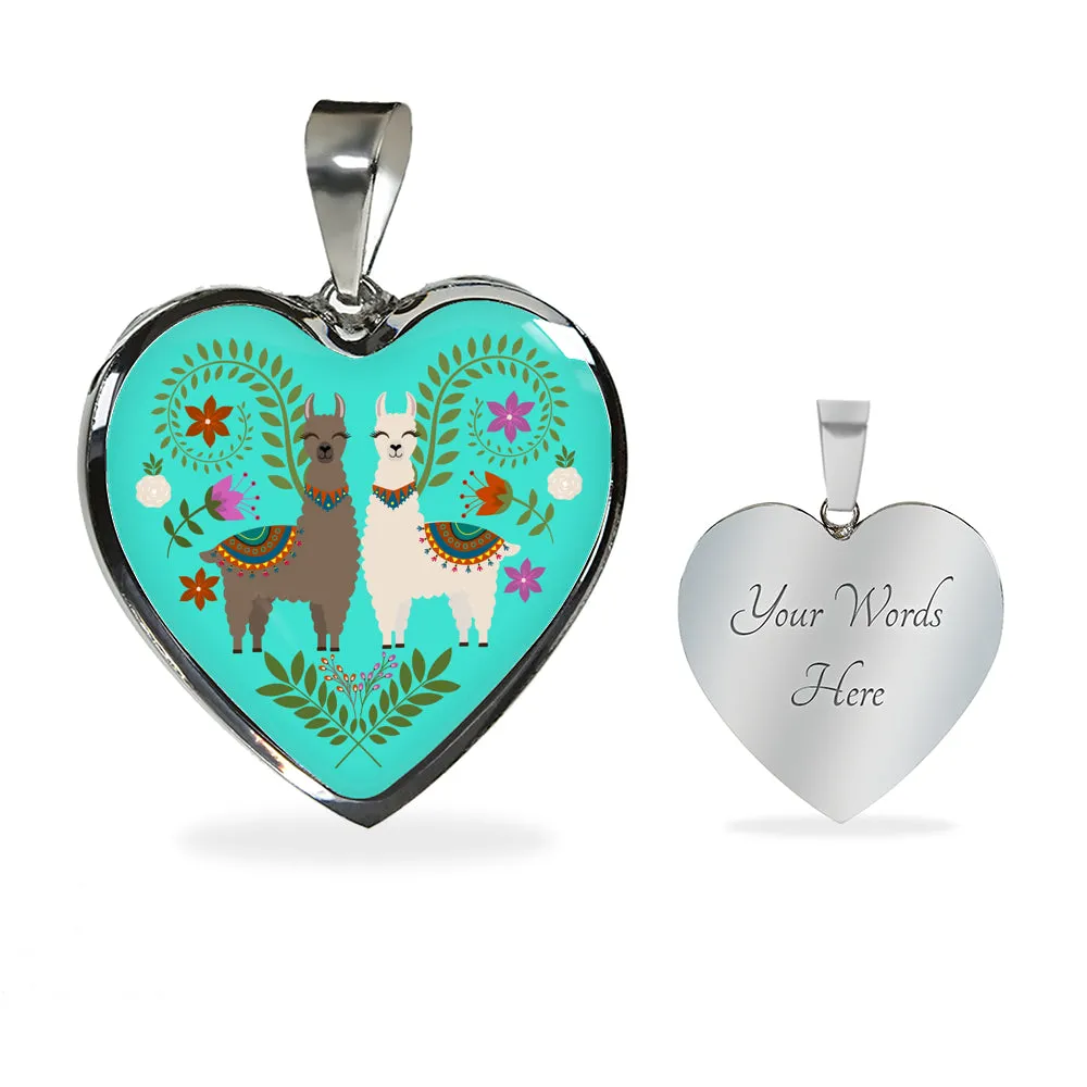 Llama and Flower Design on Turquoise Background Heart Shaped Pendant In Gold or Silver